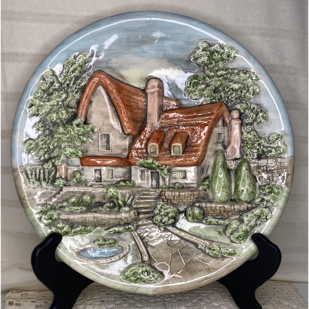 Ceramic Cottage Landscape 3D Wall Art Plaque Plate 10.5" Vintage Decor 1960's